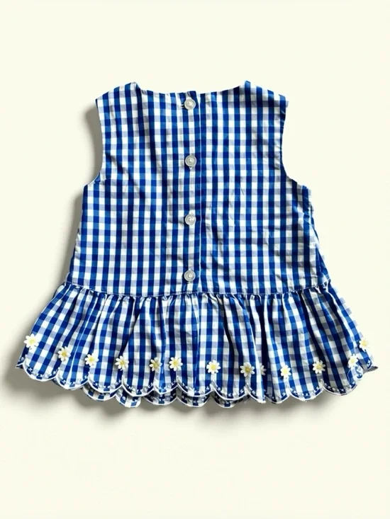 Blue and White Gingham and Daisy Flowers - Baby Girl Spring Summer Dress - 18m - Picture 2 of 7